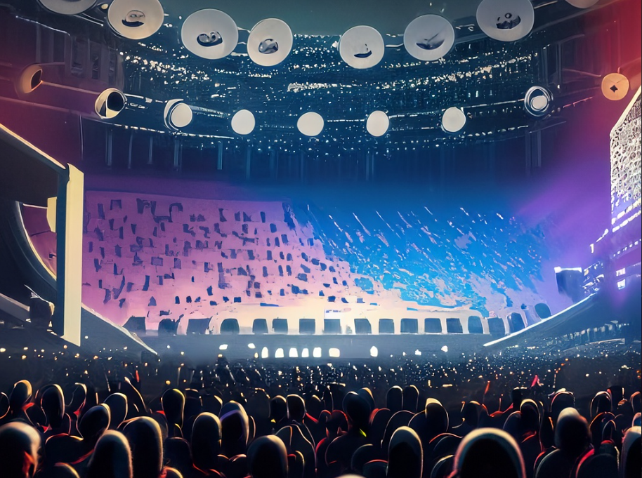 Graphic illustration of a concert at a stadium.