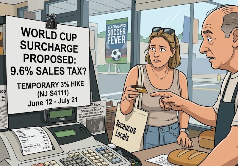 Alt Text: A colorful, editorial-style cartoon set inside a Secaucus deli. In the foreground, a large white sign clipped to a display stand reads, "WORLD CUP SURCHARGE PROPOSED: 9.6% SALES TAX? TEMPORARY 3% HIKE (NJ S4111) June 12 - July 21." A confused female customer holding a credit card and a "Secaucus Locals" tote bag looks at a concerned, balding deli counter worker who points toward the register. The cash register shows a receipt with a "Meadowlands Tax 9.6%" line item. In the background, a window looks out onto a Secaucus street, featuring a "Meadowlands Soccer Fever" poster.