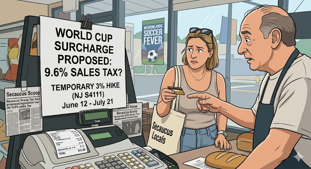 Alt Text: A colorful, editorial-style cartoon set inside a Secaucus deli. In the foreground, a large white sign clipped to a display stand reads, "WORLD CUP SURCHARGE PROPOSED: 9.6% SALES TAX? TEMPORARY 3% HIKE (NJ S4111) June 12 - July 21." A confused female customer holding a credit card and a "Secaucus Locals" tote bag looks at a concerned, balding deli counter worker who points toward the register. The cash register shows a receipt with a "Meadowlands Tax 9.6%" line item. In the background, a window looks out onto a Secaucus street, featuring a "Meadowlands Soccer Fever" poster.