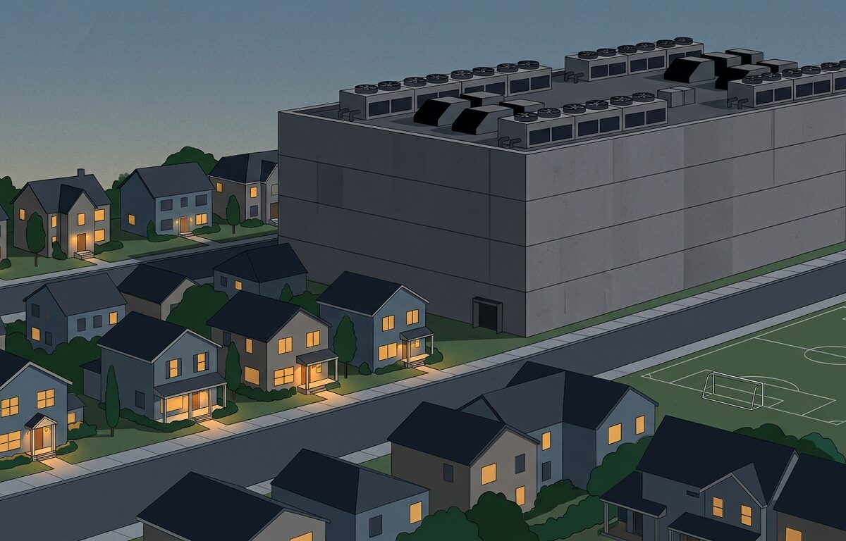 Illustration of a massive four-story windowless data center towering over a street of two-story houses and a youth soccer field at dusk.