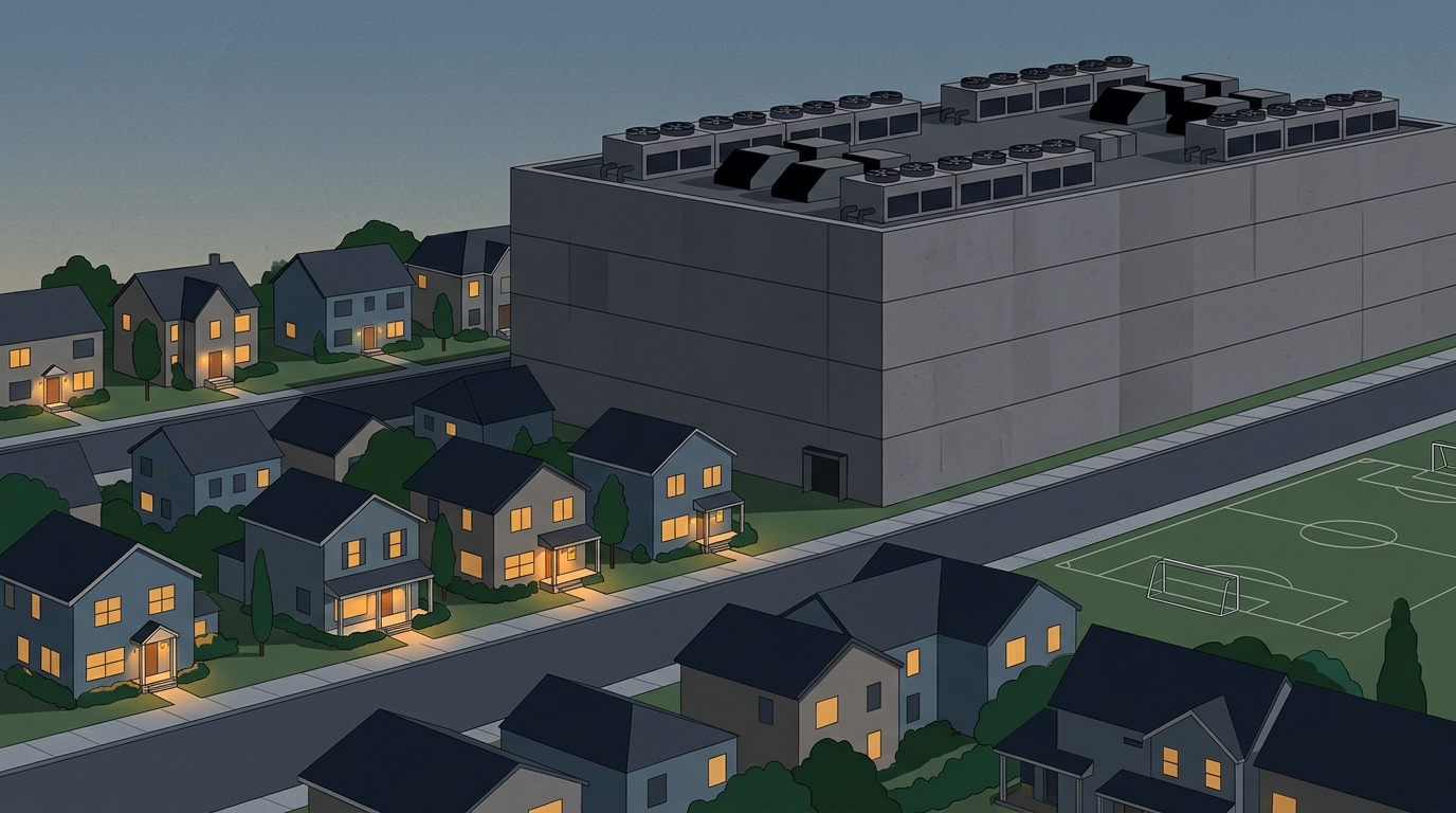 Illustration of a massive four-story windowless data center towering over a street of two-story houses and a youth soccer field at dusk.