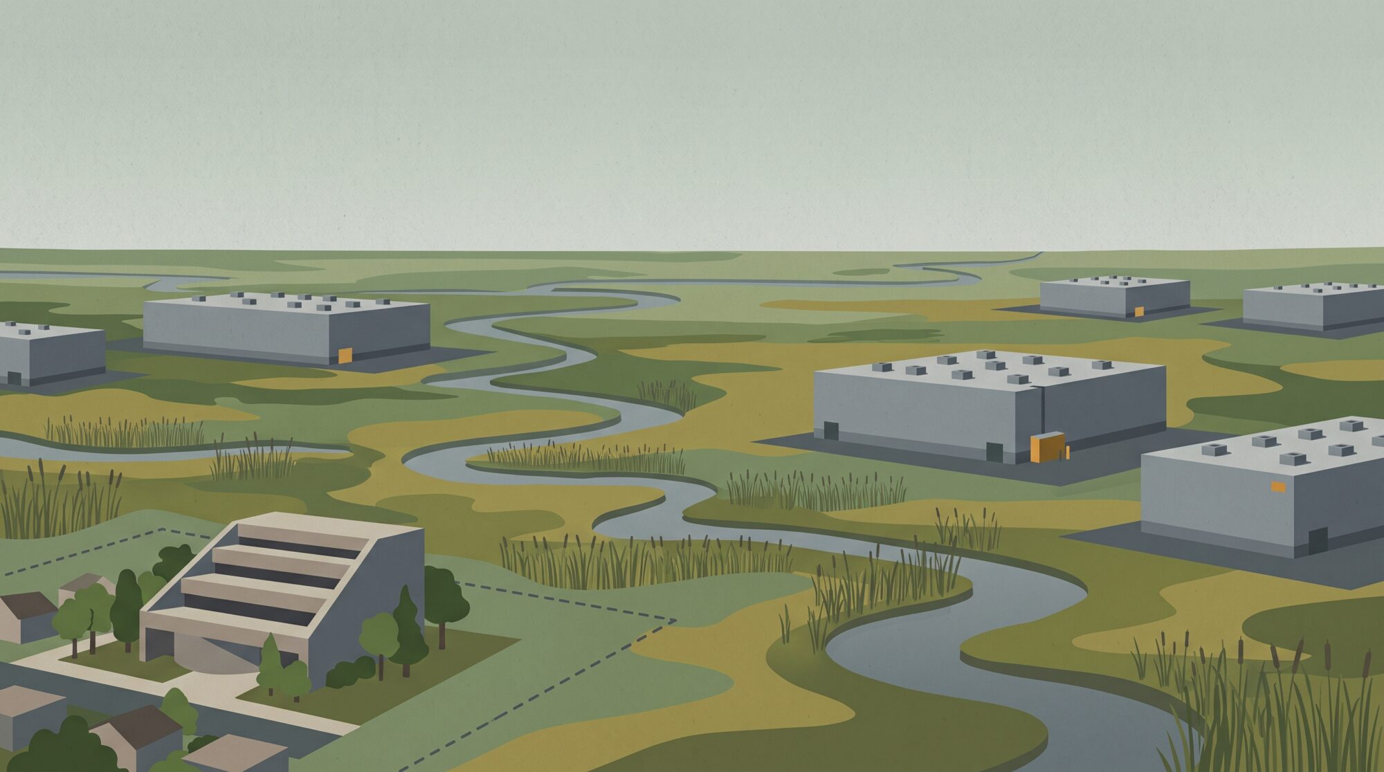 Illustration of Secaucus Town Hall and nearby homes inside a small dashed boundary at the edge of a vast marsh dotted with large data center buildings