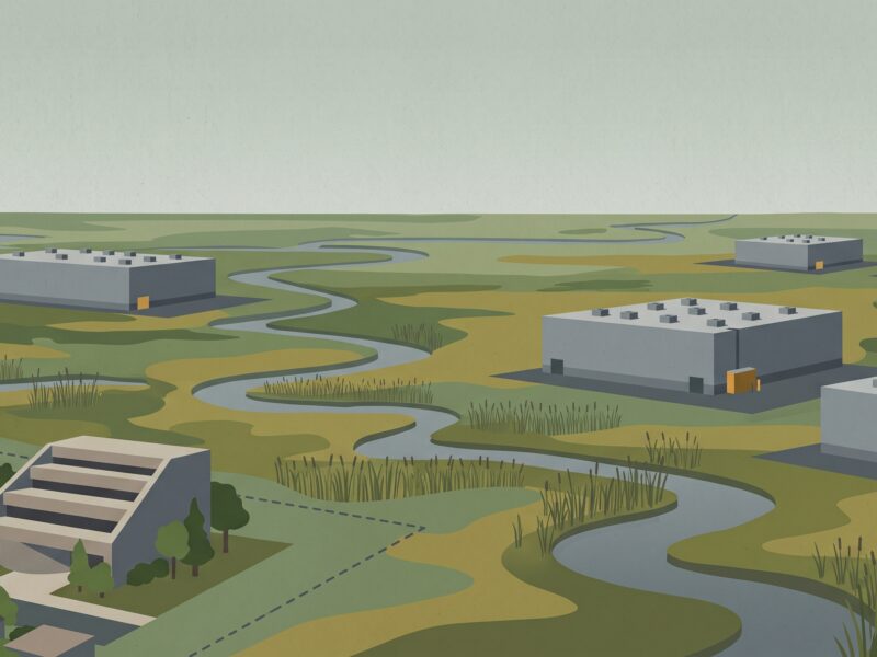 Illustration of Secaucus Town Hall and nearby homes inside a small dashed boundary at the edge of a vast marsh dotted with large data center buildings
